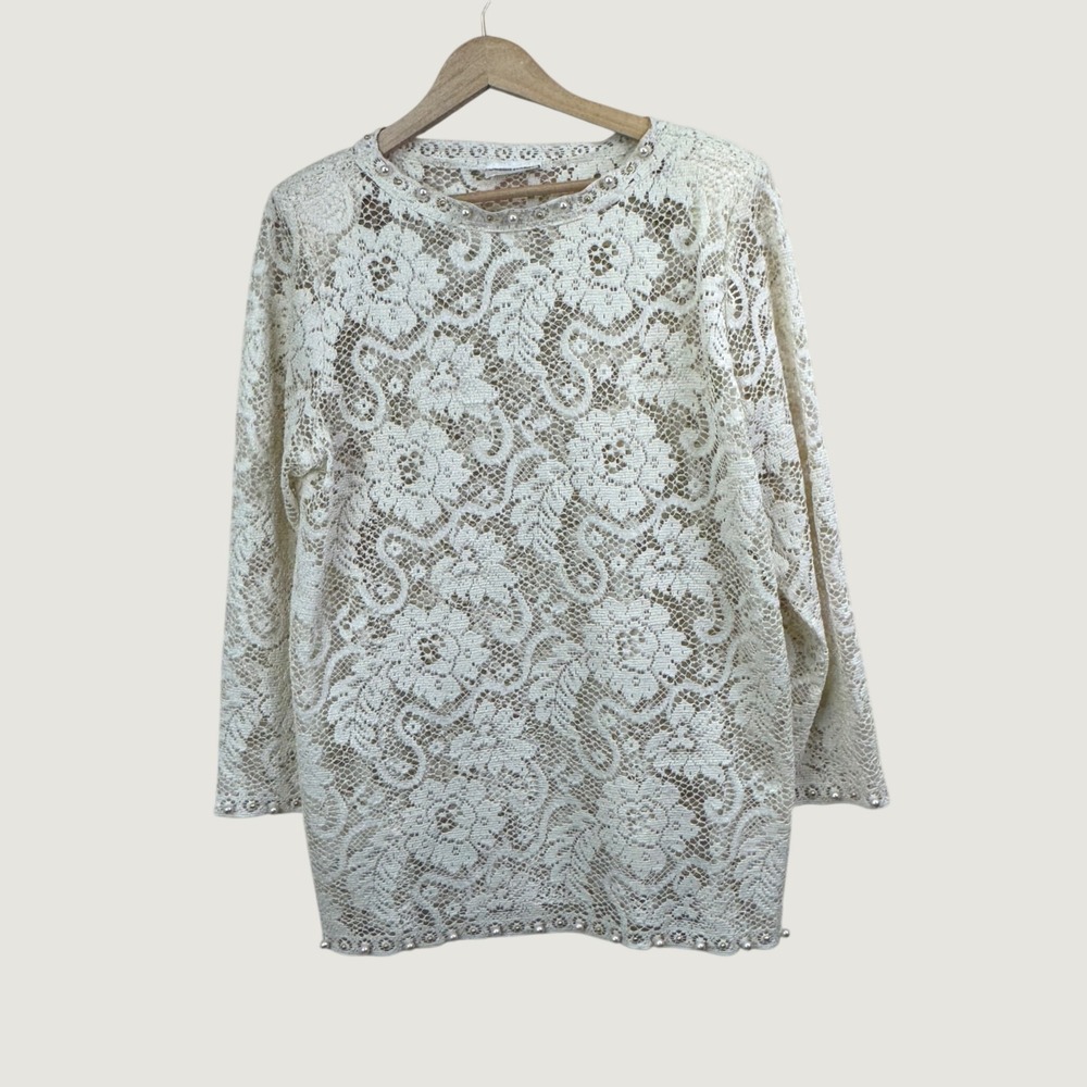 Julian Wilder Lace Sheer Top Tunic Womens L Ivory Pearl Trim Floral‎ Romantic